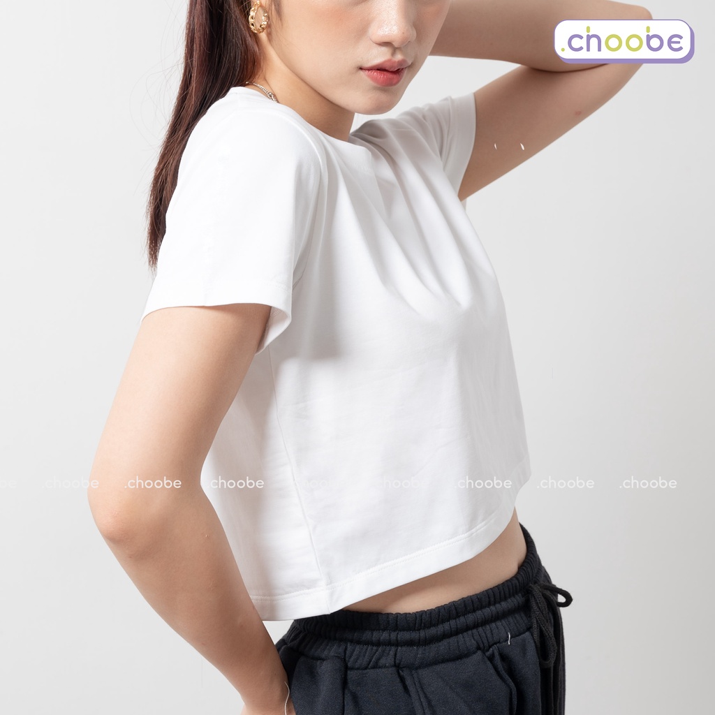 Áo croptop nữ Choobe cổ tròn kiểu trơn vải cotton co giãn thoáng mát freesize ngắn tay thun đẹp A09