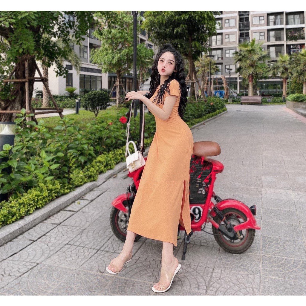 Đầm body nữ trơn thiết kế cổ tròn dáng xòe dài xẻ bên sang chảnh, Váy ôm nữ ngắn tay dự tiệc rẻ đẹp trẻ trung