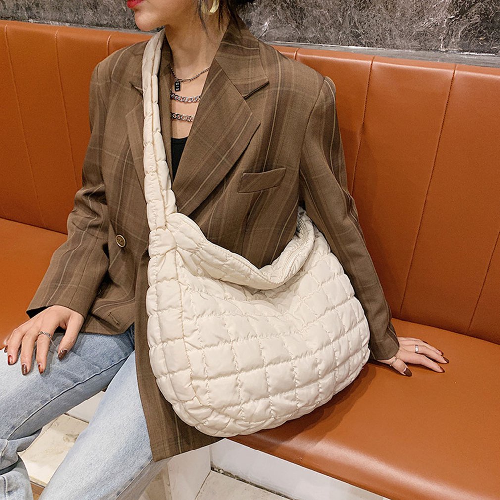 Túi tote đeo dưới cánh tay lớp lót cotton sức chứa lớn chần bông họa tiết kẻ caro ấm áp nhẹ cho nữ