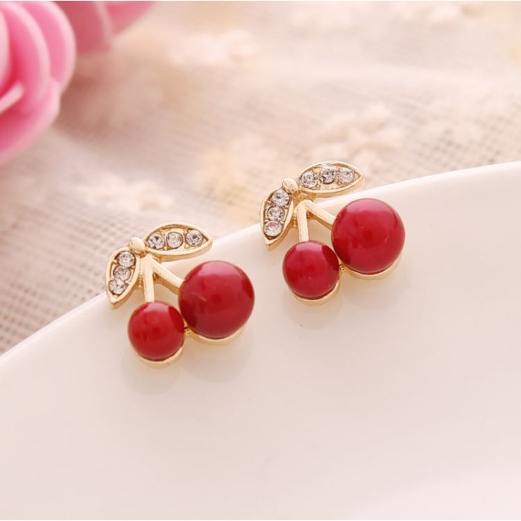 Bông tai thiết kế mặt hình quả cherry màu đỏ dễ thương i09