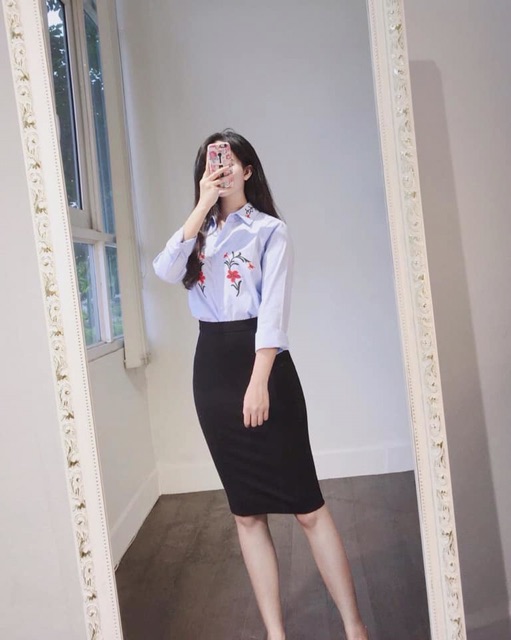 Chân váy bút chì công sở vải umi co dãn xẻ sau - Chân váy zip umi phong cách Hàn quốc