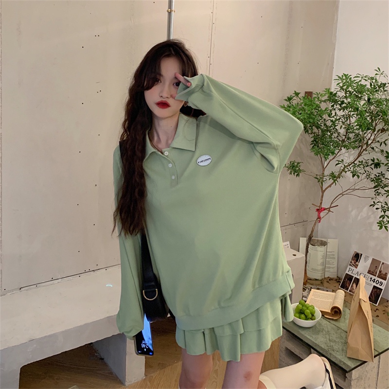 Bộ Áo Sweater Cổ POLO Phối Chân Váy Lưng Cao Thiết Kế Quyến Rũ Cho Nữ