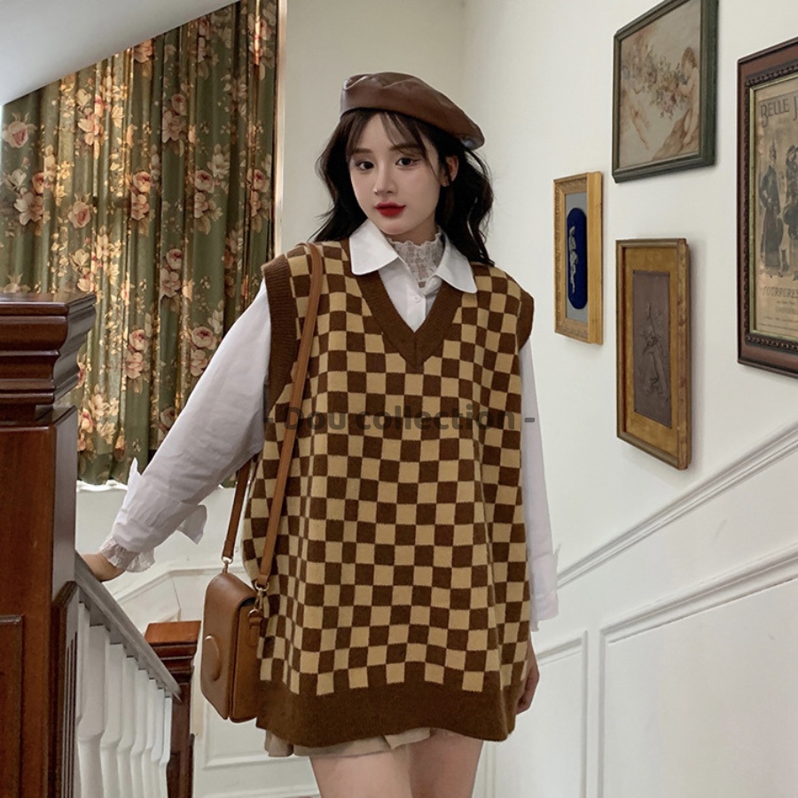 [Nowship2h] Áo gile Unisex họa tiết ô vuông vintage áo len không tay dáng xuông cá tính thời trang thu đông - mã TA010
