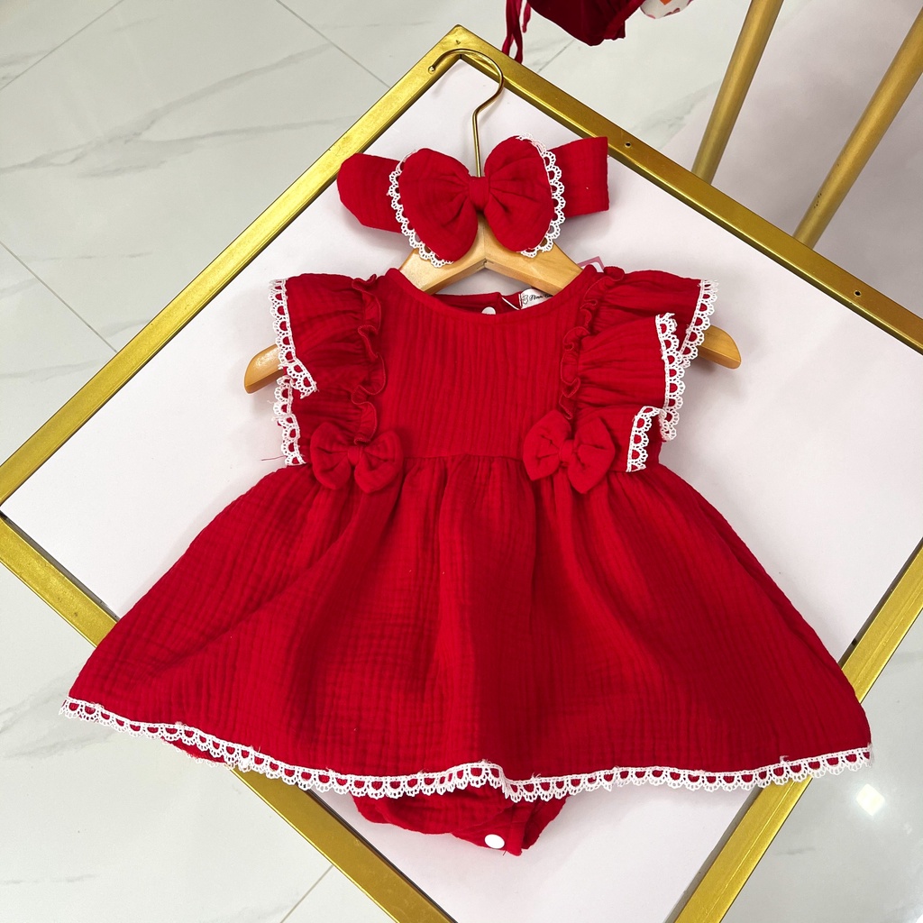 Đầm body trẻ em Nina Kids Boutique Body váy bé gái cánh tiên Màu đỏ phối ren Kèm turban nơ Size 0m 24m