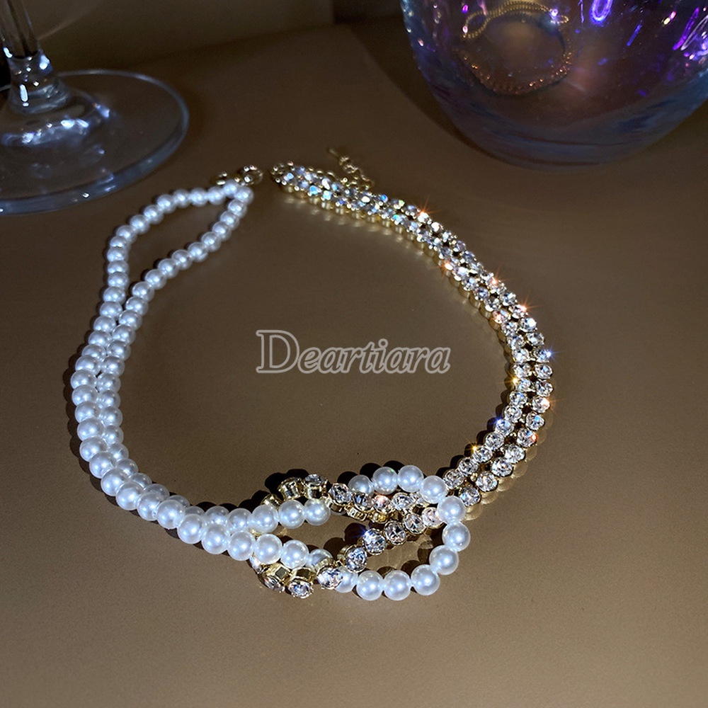 Vòng cổ kiểu ngắn đính ngọc trai và đá giả thời trang sang trọng