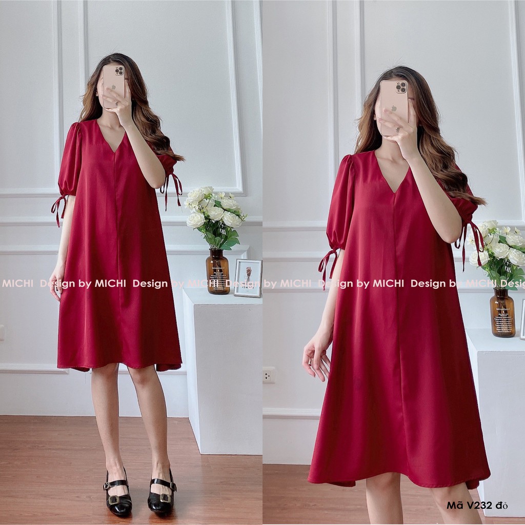 Váy thiết kế, dáng suông cổ V, tay nơ, đầm dáng xuông rộng, freesize 3 màu Xanh - Nâu - Đỏ, mã V232 - Michi's House | BigBuy360 - bigbuy360.vn