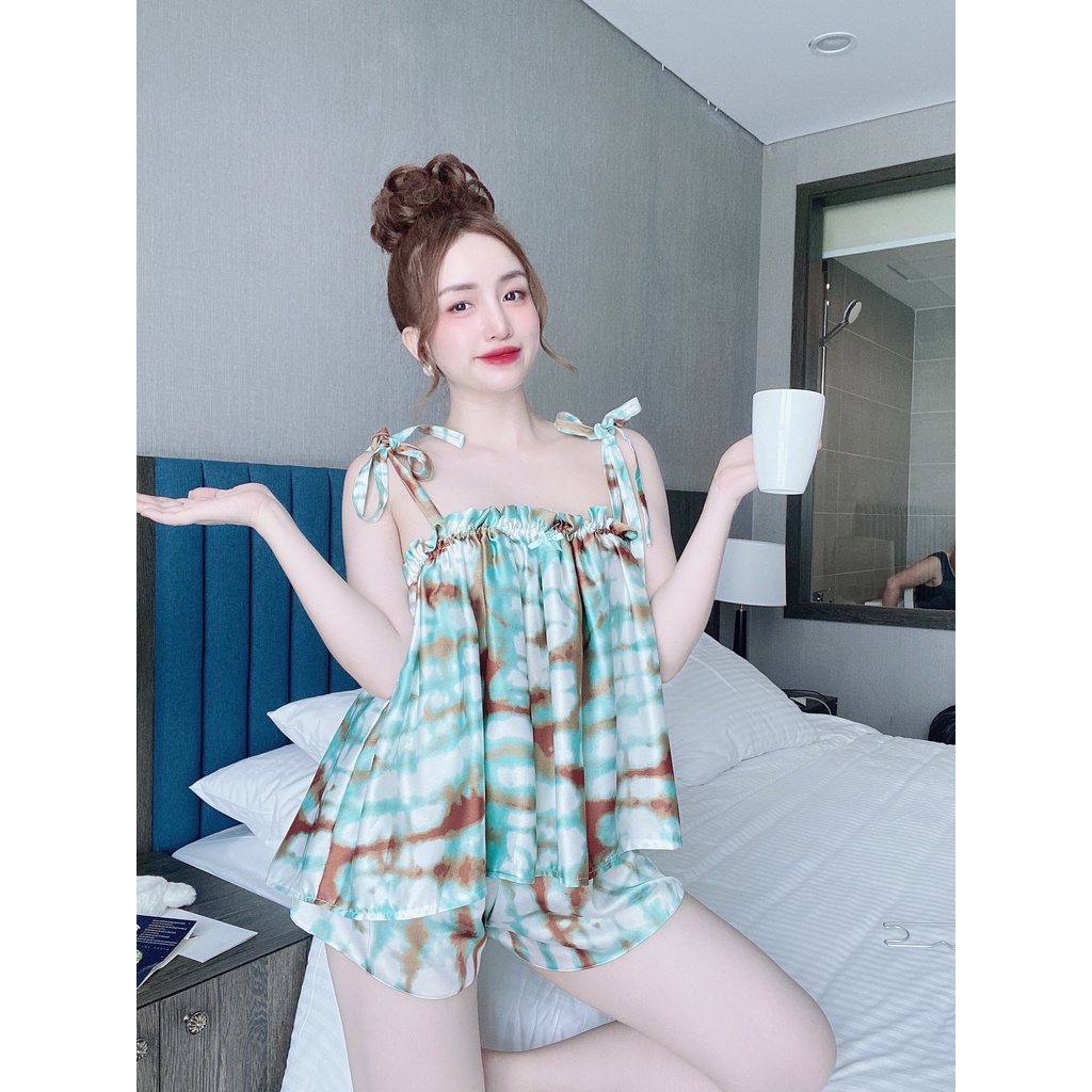 Váy Ngủ Nữ, Đồ Ngủ Sexy Nữ Bộ Satin Nhún Bèo Ngực Freesize Dưới 75kg