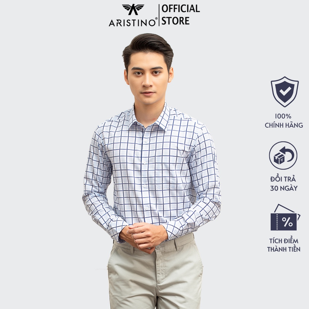 Áo sơ mi nam dài tay ARISTINO dáng Regular fit suông vừa, họa tiết kẻ caro xanh Jacquard thời thượng - ALS27409