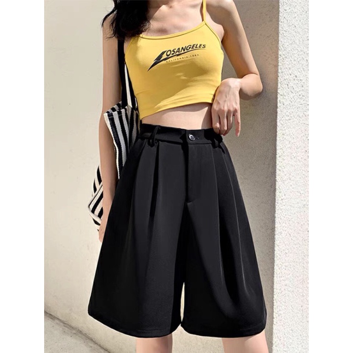 Quần đùi lửng nữ ống rộng dáng ngố ngang gối màu đen - Quần short sooc lửng nữ bigsize cạp lưng cao mặc đi biển thể thao