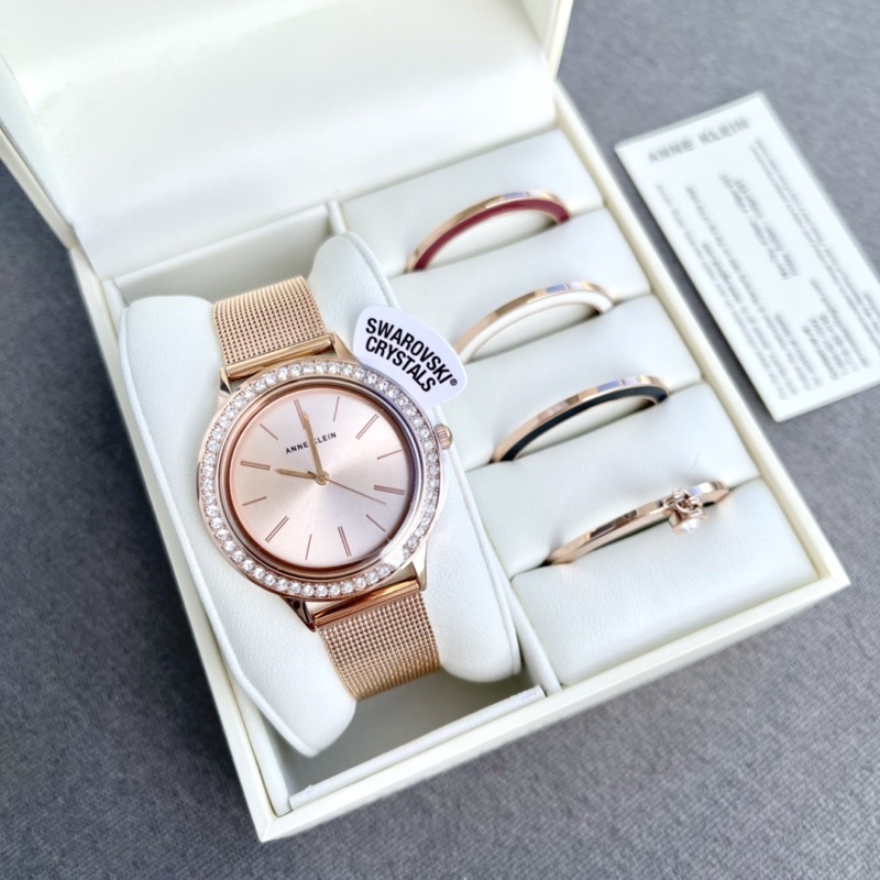 Set đồng hồ ANNE KLEIN nữ model AK/3166INST dây mesh rose gold kèm 4 viền thay thế