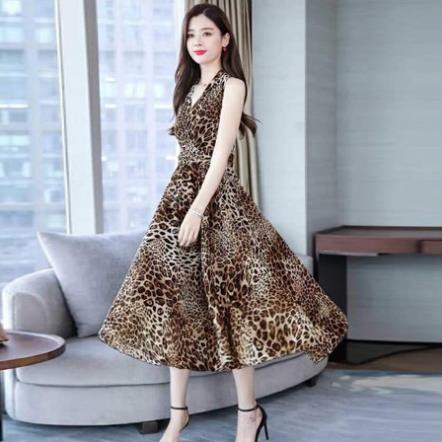 Đầm Xoè Da Báo Cổ Dắp Chéo - Váy Maxi Đi Biển, Đi Dạo Voan Lụa Nhập 2 Lớp Cho Nàng Yêu Kiều Quảng Châu | BigBuy360 - bigbuy360.vn