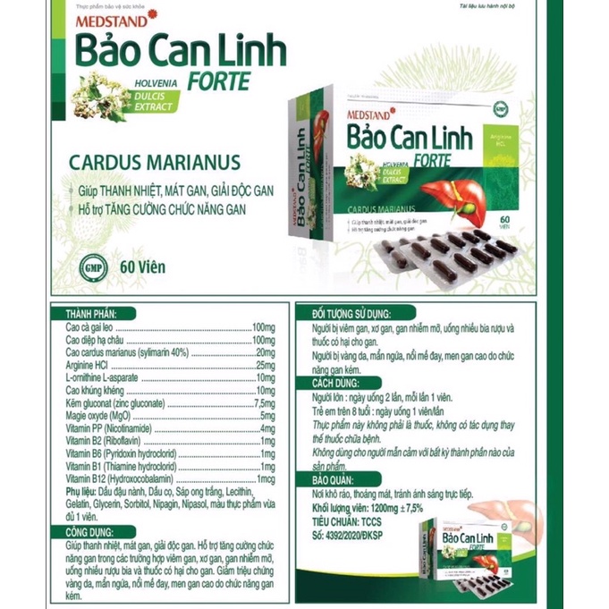 Bảo Can Linh Forte Medstand - Mát gan, thanh nhiệt, giải độc gan, tăng cường chức năng gan - Hộp 60 viên
