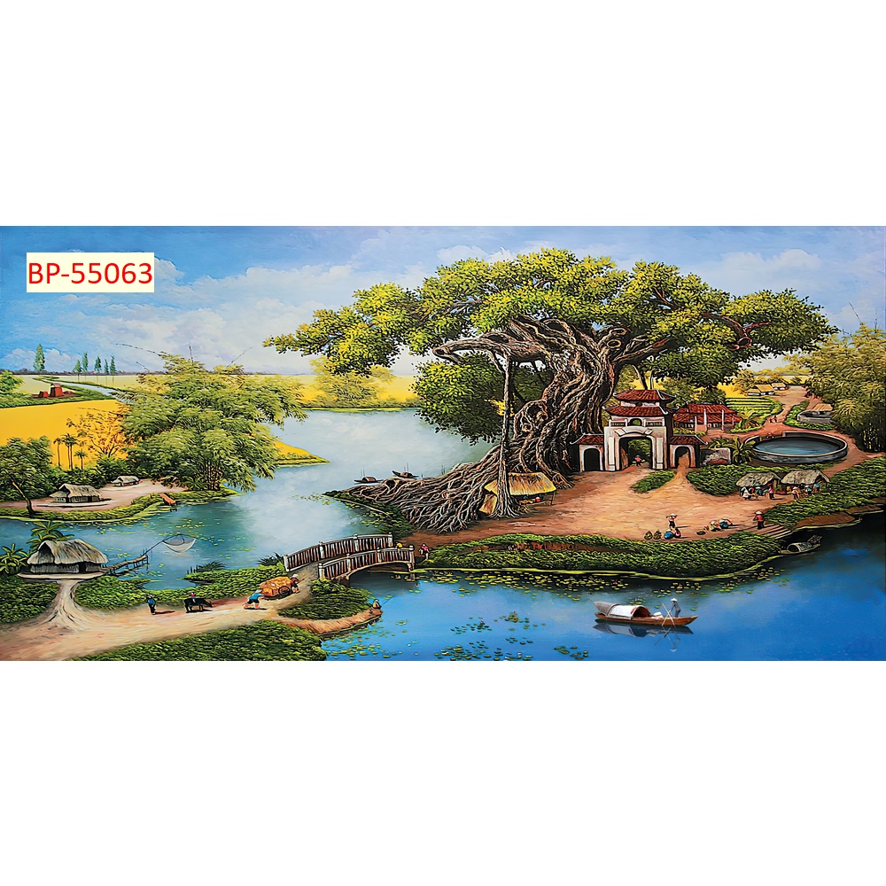 Tranh Dán Tường 3D Đồng Quê Cầu Tre Xuối Nước Xanh Biếc Tặng keo và dụng cụ dán tự thi công đơn giản