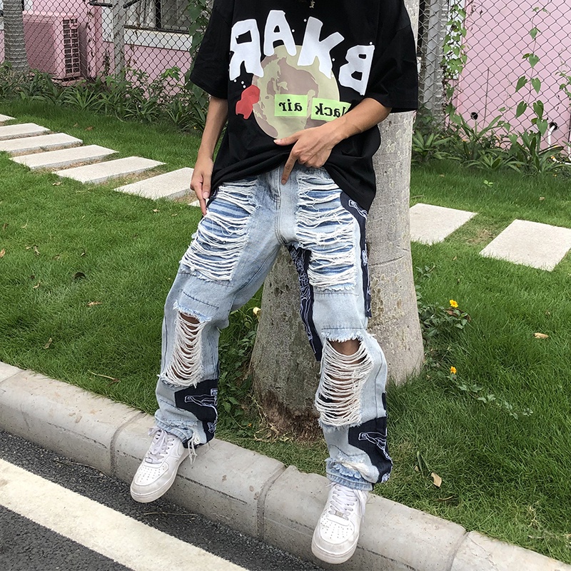 Quần Jeans ông rộng rách lưa tưa phối hoa tiết vá phong cách đường phố, Quần Jeans hiphop oversize Streetwear
