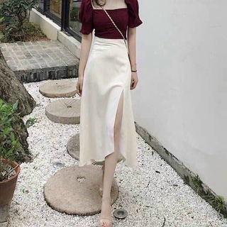 Set đầm áo cổ vuông kèm chân váy xẻ tà cực xinh