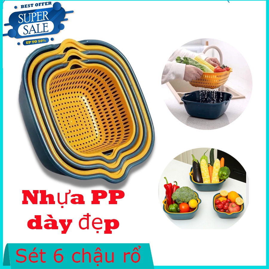 Set 6 món rổ kèm chậu ,bộ 3 rổ và chậu - thau nhựa rửa rau củ đựng hoa quả trái cây 2 lớp hình tròn chất liệu nhựa PP