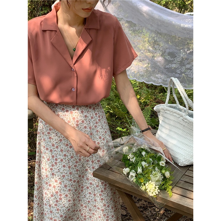 SUXI Áo Sơ Mi Tay Ngắn Cổ Chữ V Màu Sắc Đơn Giản Phong Cách Hàn Quốc Cho Nữ