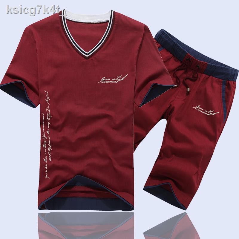 trang phục thể thaoquần short thể thao✹Bộ quần áo thể thao nam mùa hè Hàn Quốc đùi ngắn tay mỏng bằng vải cotton v