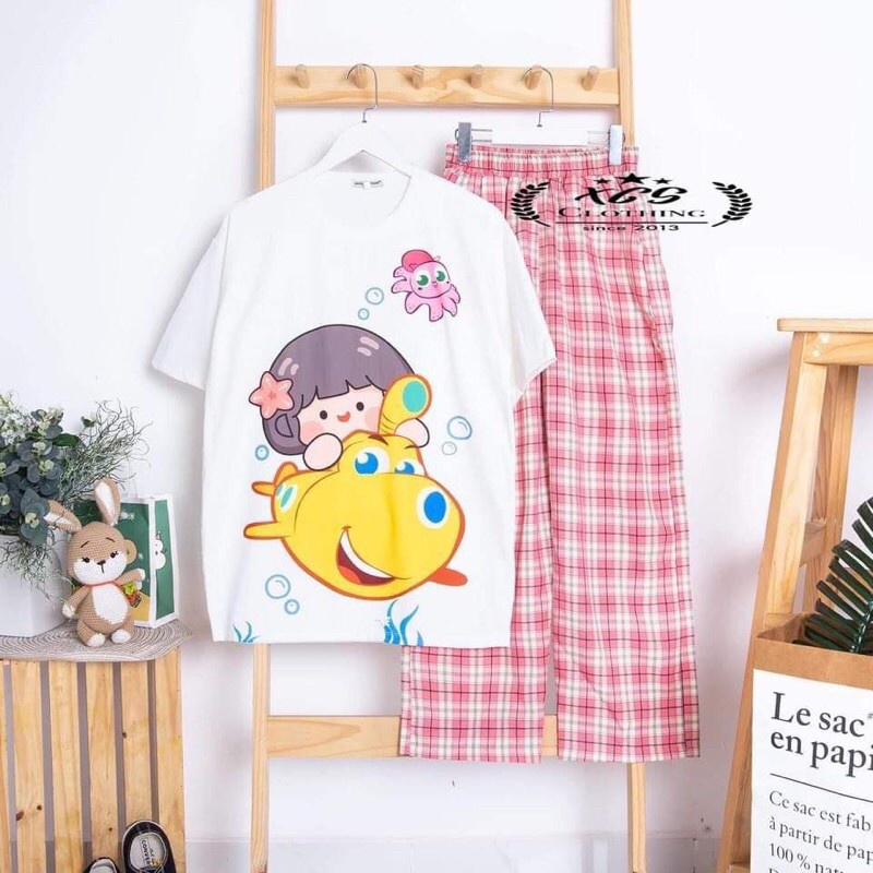 Sét áo cô gái cá +quần kẻ màu, Áo thun from rộng, Chất đẹp không xù, quần suông ống rộng, Sét bộ mặc ở nhà - MODY