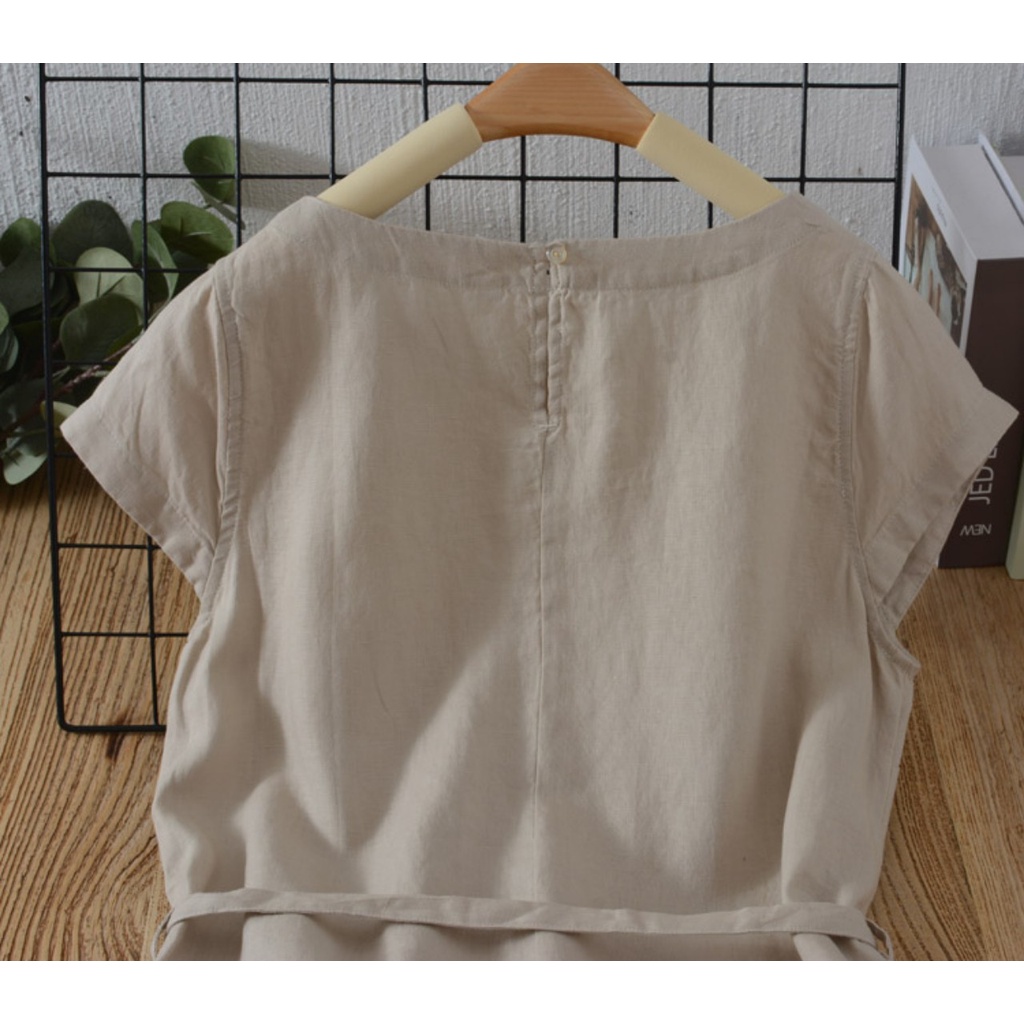 Đầm linen suông thắt eo, Váy linen suông trơn dáng dài ngắn tay phong cách vintage
