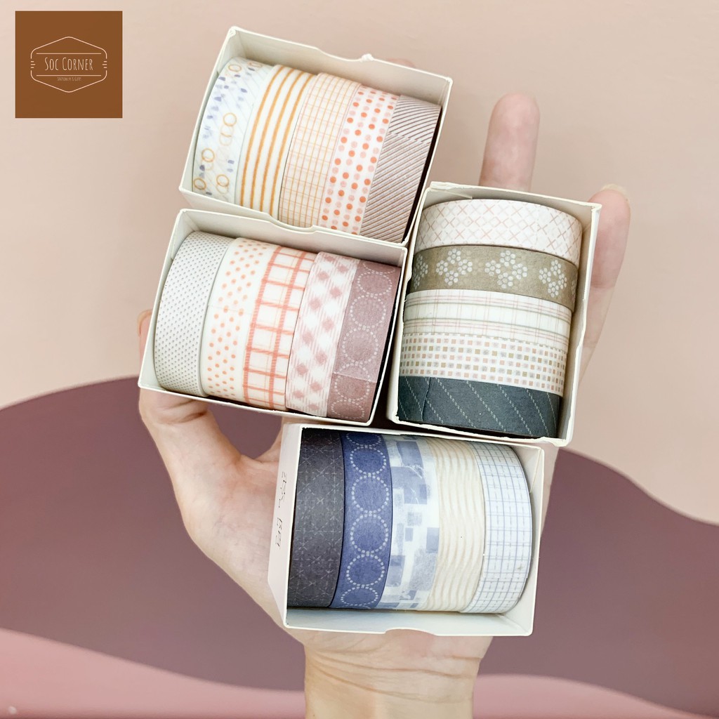 Set 5 cuộn Washi Tape 10mm x 3m màu Pastel hoa văn trang nhã