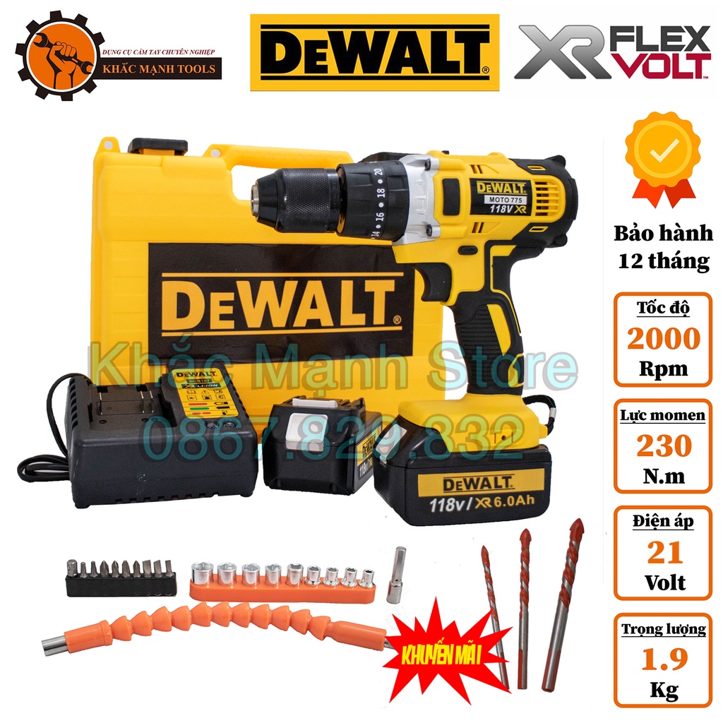 Máy Khoan Pin Dewalt Động Cơ 775, Đầu Cặp 13mm, Tặng Kèm Bộ Phụ Kiện