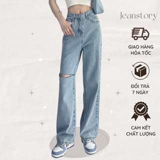 Quần Elise Jeans Suông Xanh Rách Đùi