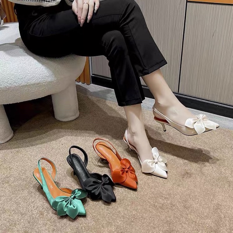 SALE— Sandal hở gót satin mũi nhọn nơ hoa BIG SIZE 41-43
