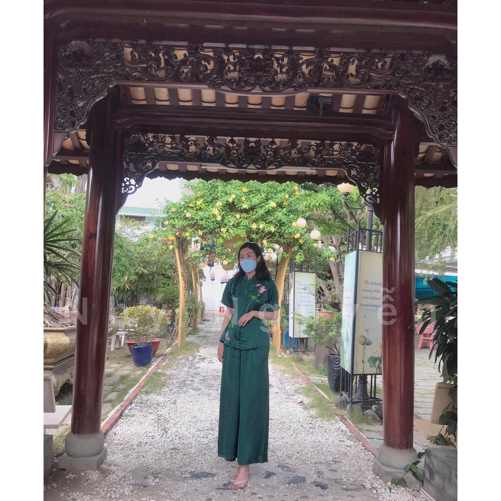 Đồ Lam Nữ Đi Chùa Mẫu Cá Ngọc Vải Lụa Satin MÀU XANH RÊU HÌNH THẬT KHÁCH ĐÃ MUA MẶC