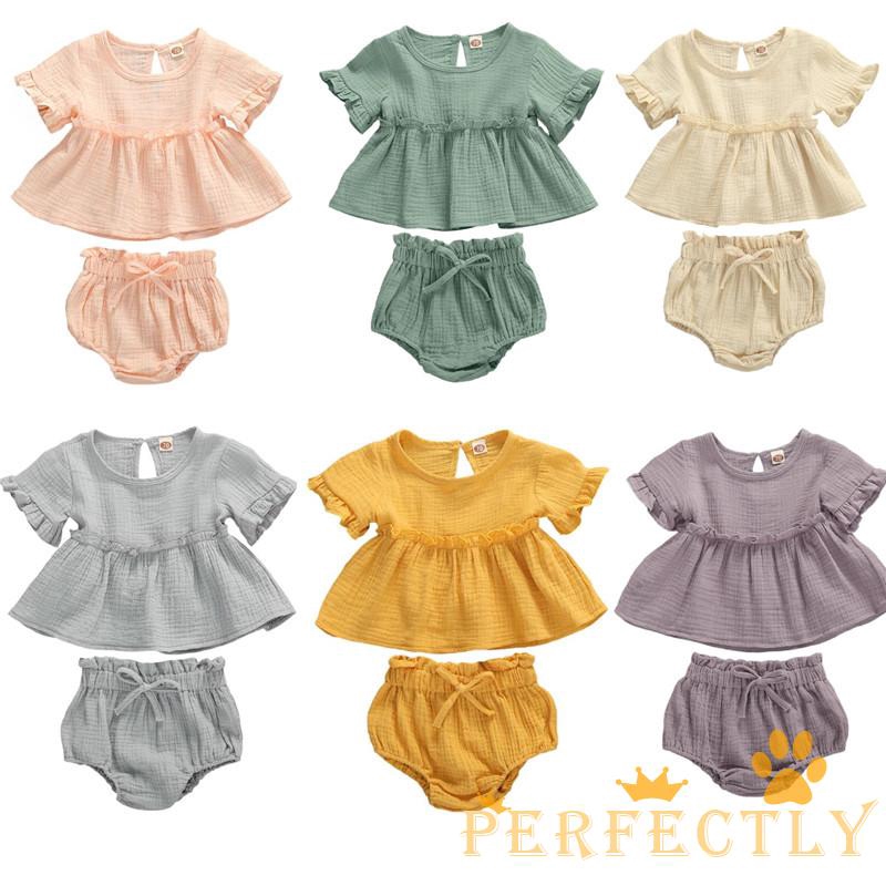 Set áo tay ngắn cổ tròn kèm quần ngắn thời trang cho bé gái