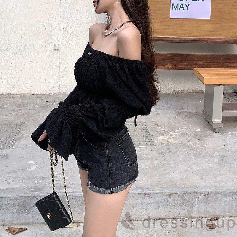 Áo thun trễ vai tay phồng dài màu trơn hở lưng thời trang cho nữ