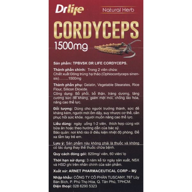Viên Uống Đông Trùng Hạ Thảo  Dr Life Natural Herb Cordyceps 1500Mg 60V