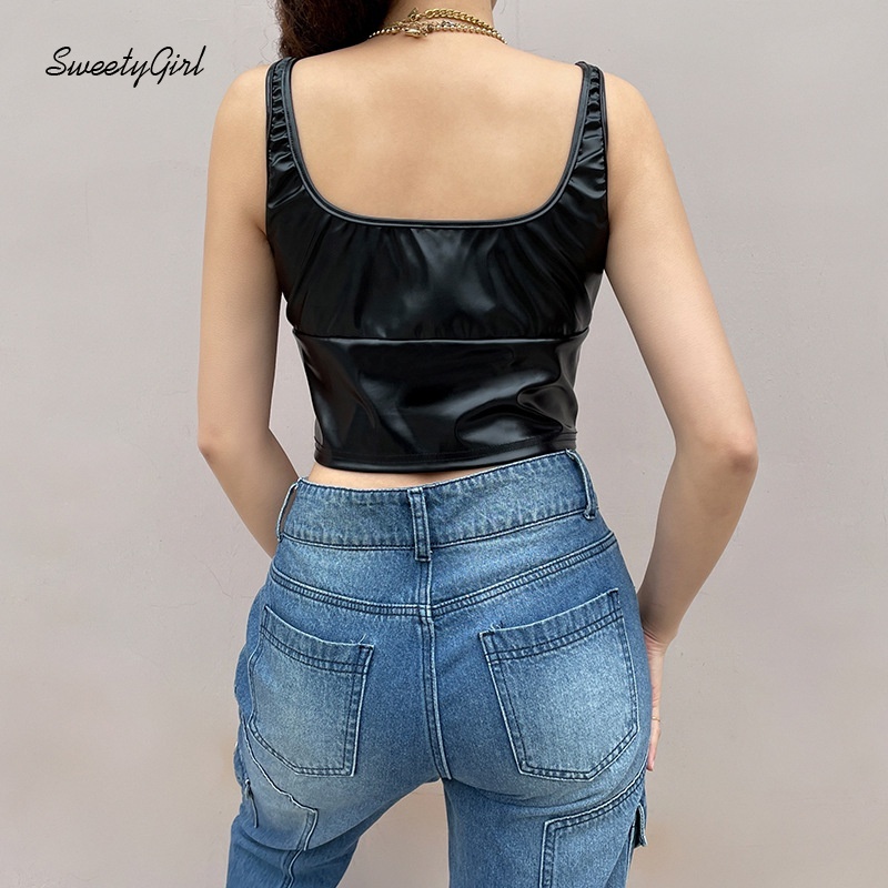 Áo tank top cổ chữ U hở lưng màu trơn chất liệu da PU gợi cảm cho nữ