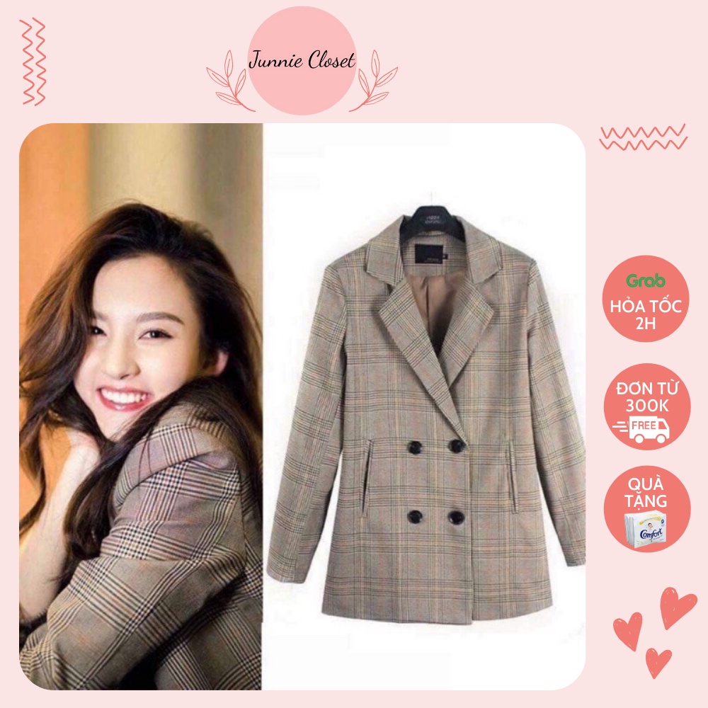 Áo khoác kẻ túi dọc ulzzang kẻ nâu kim tuyến Áo vest blazer 2 lớp công sở