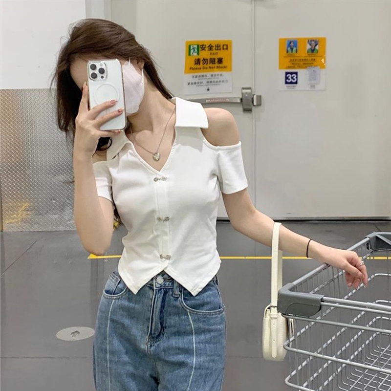 Áo thun polo ZHELIHANGFEI tay ngắn hở vai thời trang gợi cảm cho nữ