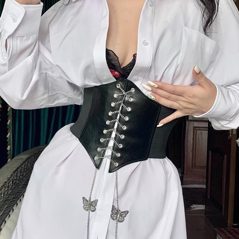 Đai nịt thắt lưng phối chuỗi xích kim loại kiểu dáng thời trang định hình vóc dáng cho nữ hàng loại 1