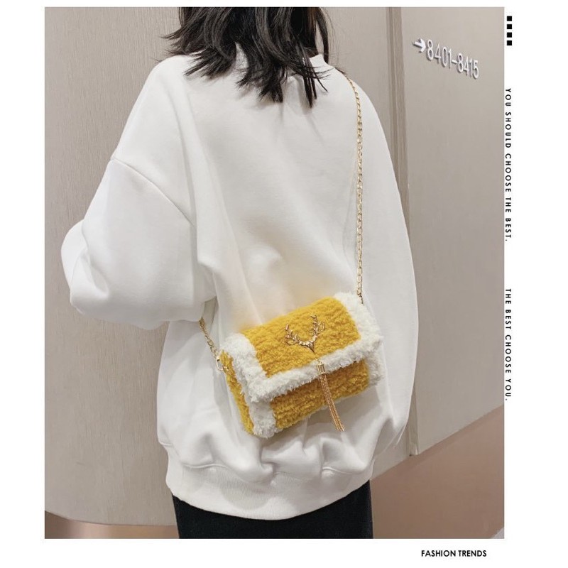 Túi Tự Đan Len Xù Phối Viền Trắng Mác Hươu ❤️ Ebi Store - Freeship ❤️ Set phụ kiện đầy đủ đan túi Handmade Nữ ❤️