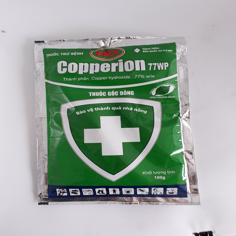 Thuốc trừ bệnh phòng trị được các bệnh thán thư, đốm lá, thối trái, ghẻ trái, mốc sương, tảo đỏ...Copperion 77WP 100g