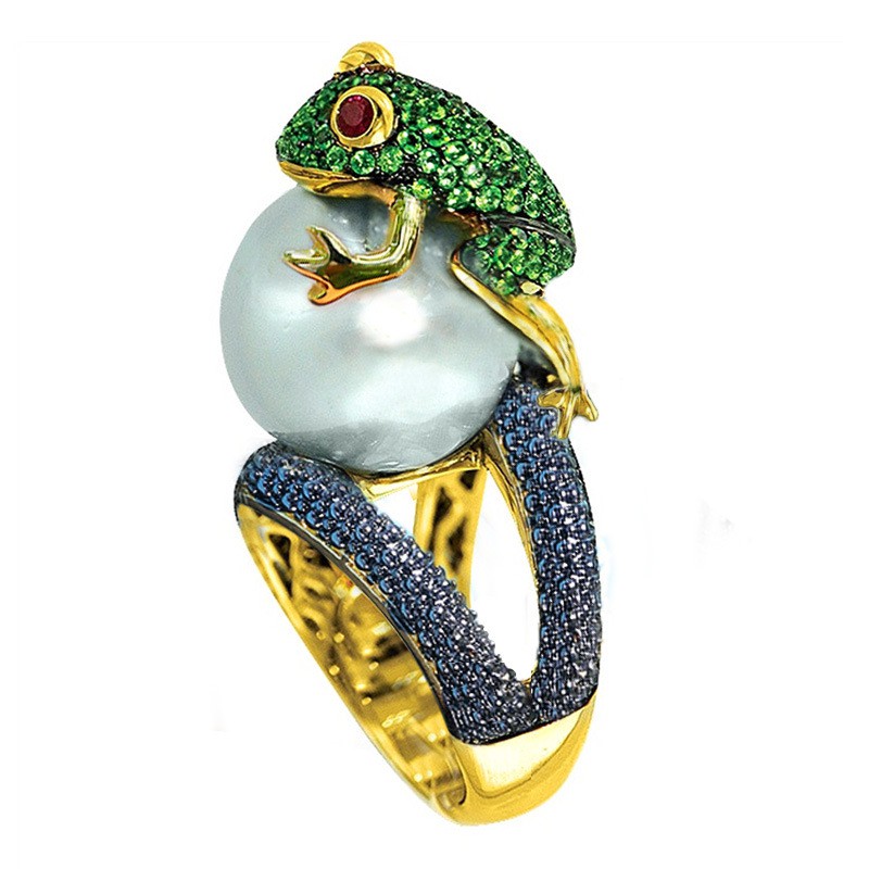 Nhẫn đồng mạ vàng 18K thiết kế tách rời chú ếch đính đá thời trang