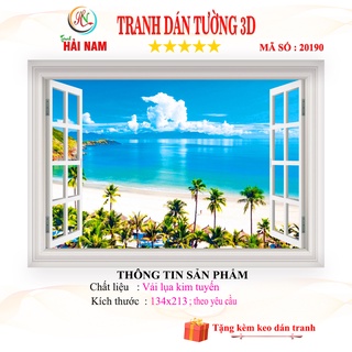 Tranh dán tường 3D phong cảnh biển cửa sổ - vải lụa kim tuyến kích thước theo yêu cầu