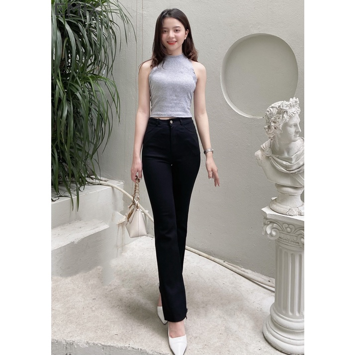 Quần jean trơn ống loe EMIX (màu đen), basic trousers, dáng dài 90cm, cạp cao, khóa giữa, ống ôm và loe, vải jeans 810