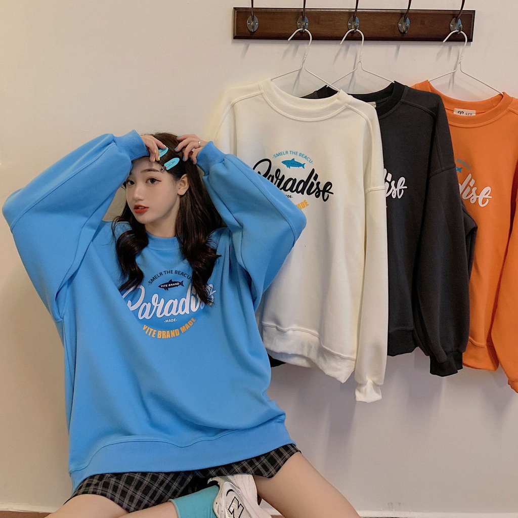 Áo thun tay dài cổ tròn dáng rộng in họa tiết thời trang mùa thu phong cách Hàn Quốc