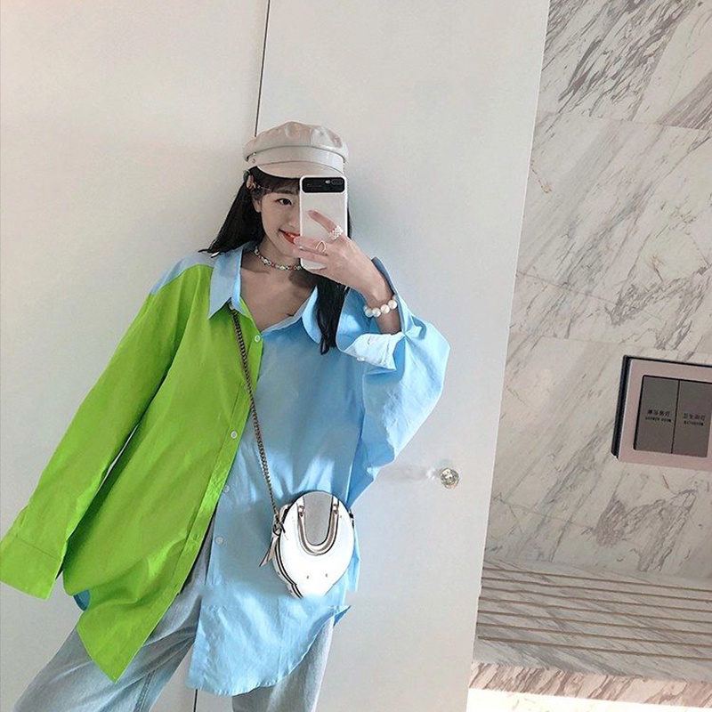 Áo sơ mi IELGY tay dài dáng rộng màu xanh dương + xanh lá tương phản dành cho nữ