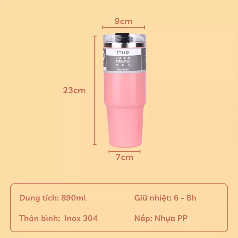 Ly giữ nhiệt cao cấp TYESO chính hãng 900ml inox 304 có ống hút giữ nhiệt 8H