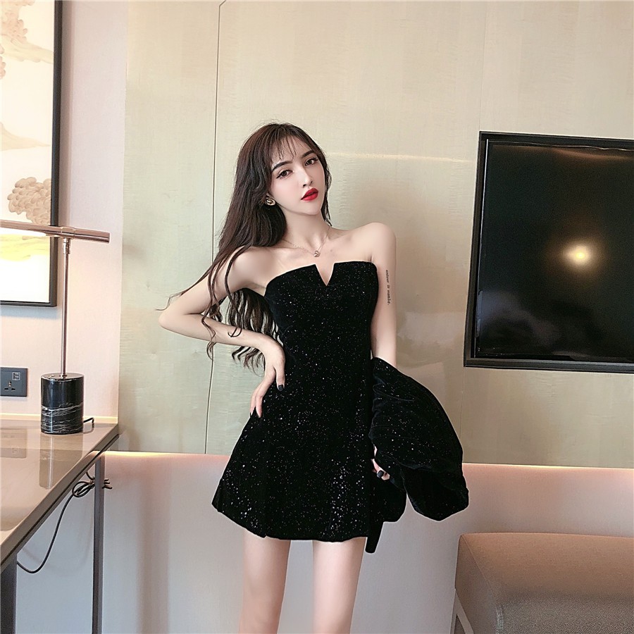 Set áo khoác đen bling bling sang trọng + đầm ống đen bling bling ulzzang