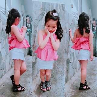 Set áo yếm caro váy trắng
