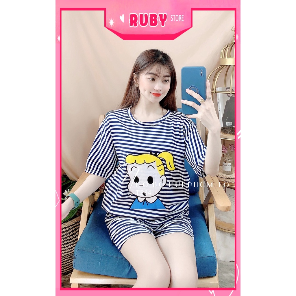Đồ bộ nữ mặc nhà phom to chất thun mềm mát phối sọc in hoạt hình dễ thương TP84