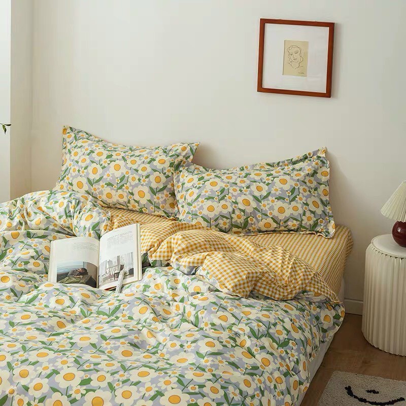 Bộ ga gối polly 4 món hoạ tiết hoa cúc