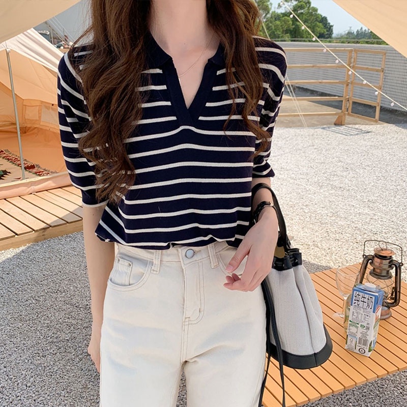 Áo Thun Polo Ngắn Tay Form Rộng Họa Tiết Sọc Ngang Thời Trang Dành Cho Nữ