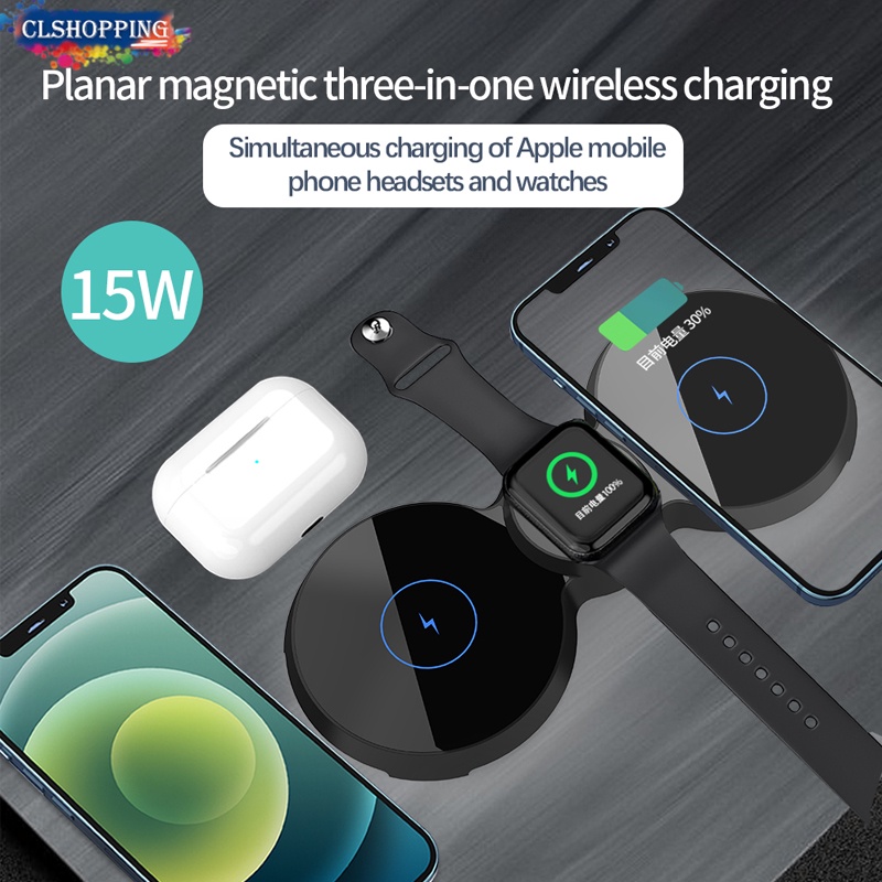 Đế Sạc Nhanh Không Dây 15W 3 Trong 1 Có Nam Châm Cho iPhone 13 12 11 X XS Pro Max Airpods Apple iWatch Samsung S21 S20